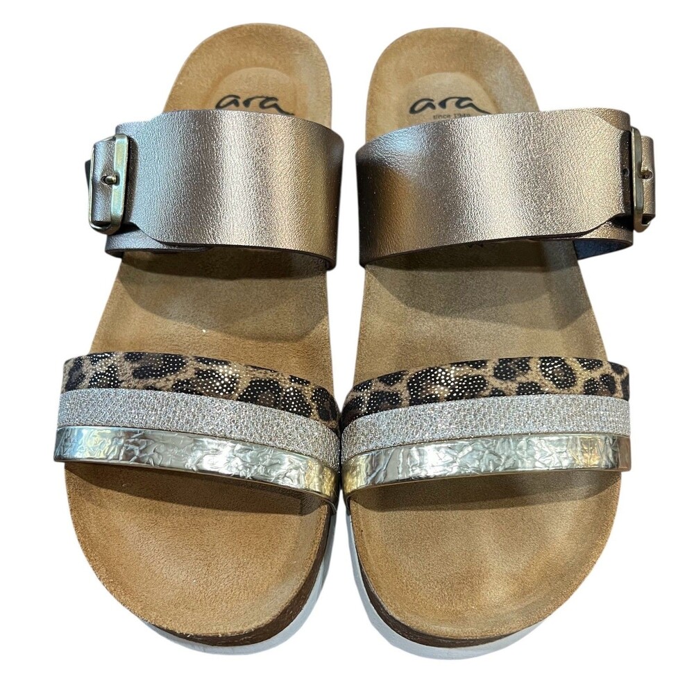 ARA High Soft 2-Strap Adj Slide Sandals  US 8  Metallic Leather & Animal Print